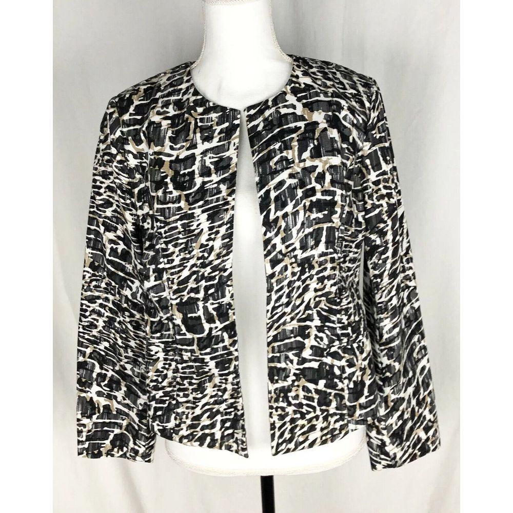 Chico's 100% Cotton Open Front Light Weight Jacket Size 0 Black, White, Tan‎